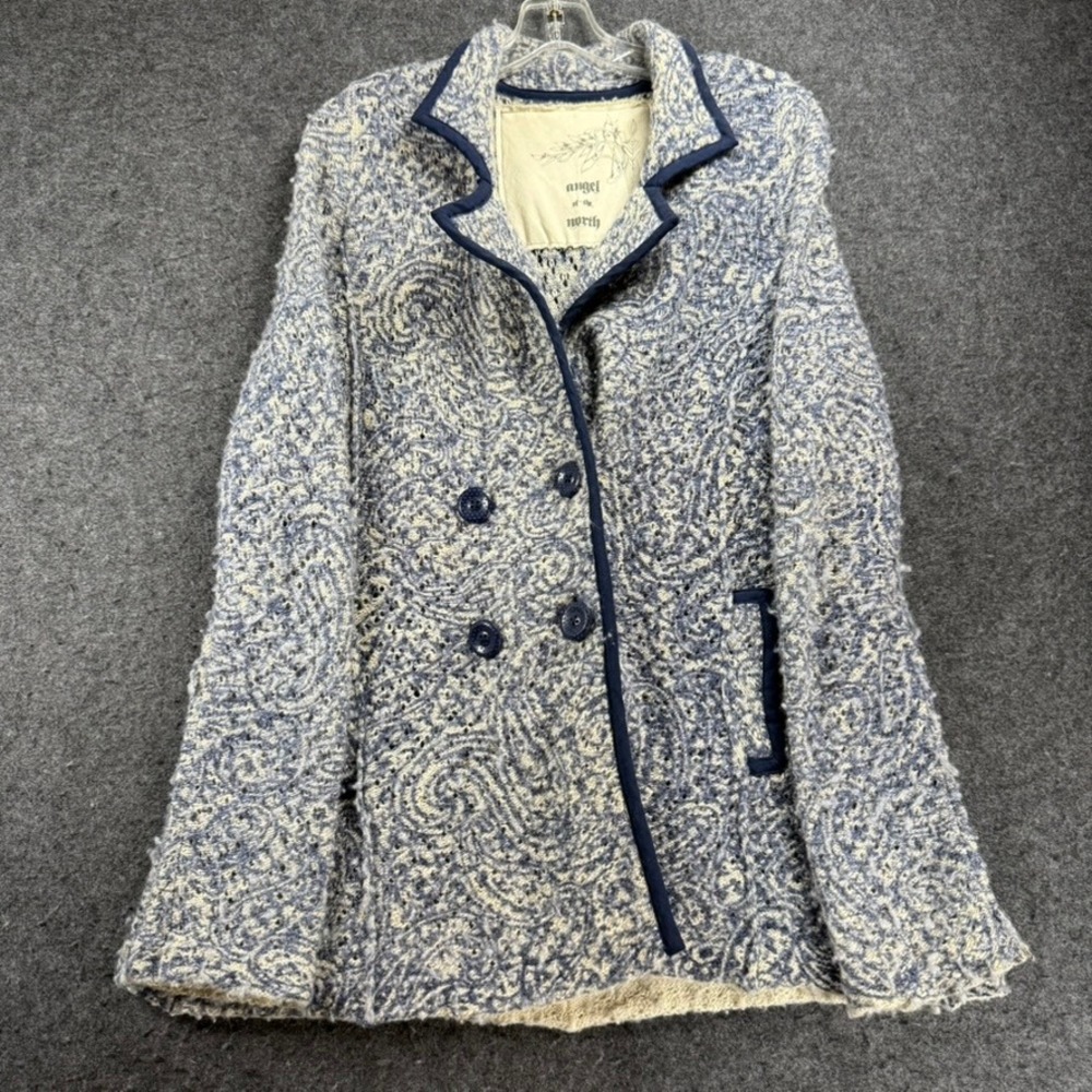Angel‎ of the North Blue & White Wool Blend Coat Jacket Small Paisley Pattern